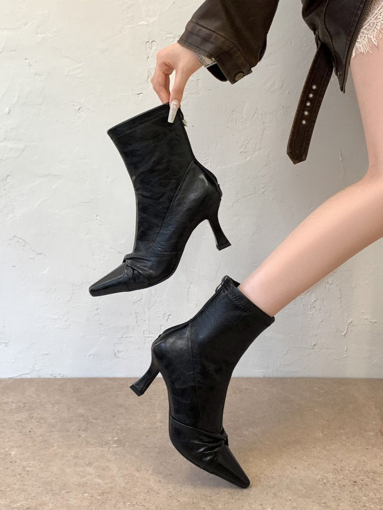 Women Slim Fit Boots, Stiletto High Heel Pointed Toe Elegant Soft Leather Back Zipper Ankle Boots