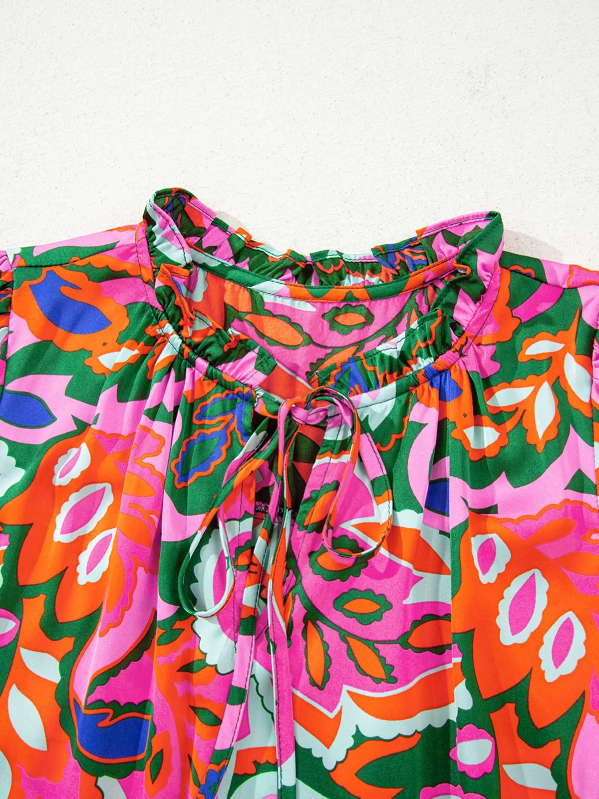 Tropical Print Short Sleeve Tie Neck Blouse