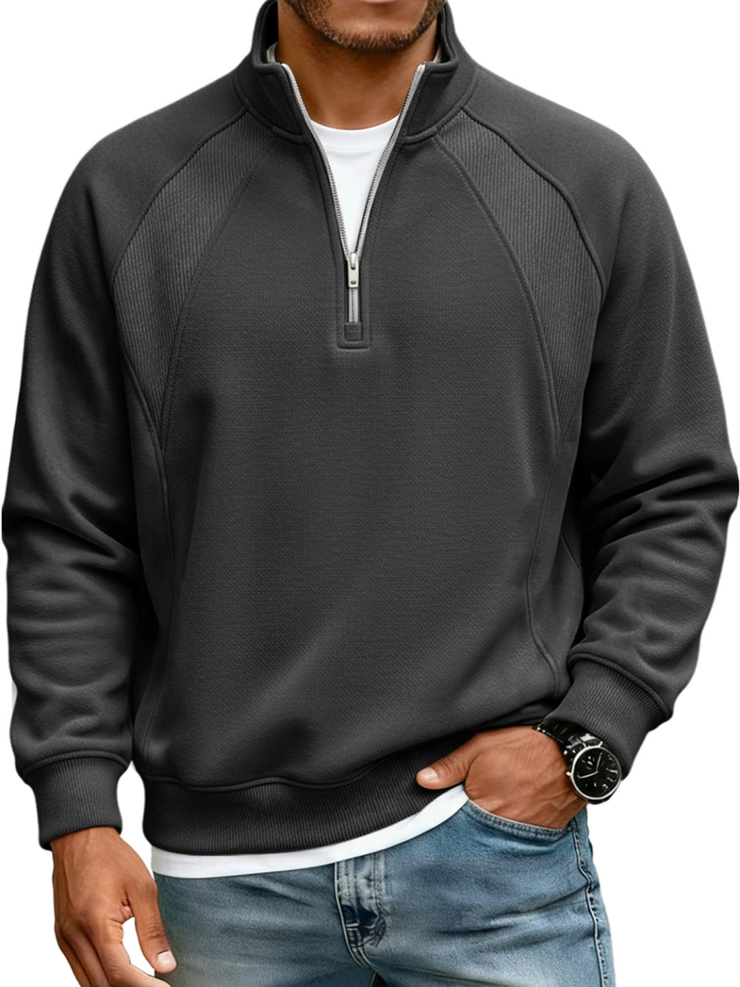 Amazon New Men's Jacket Half-Zip Stand-Up Collar Sweatshirt Men's T-Shirt Long-Sleeved Solid Color Splicing Loose Fit