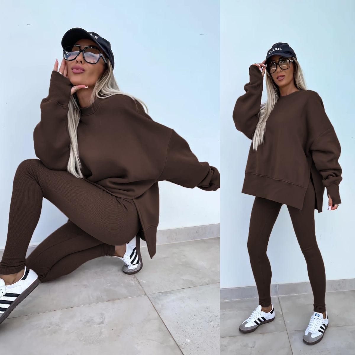 Traje de suéter informal para mujer – Conjunto de top suelto con aberturas y pantalones ajustados