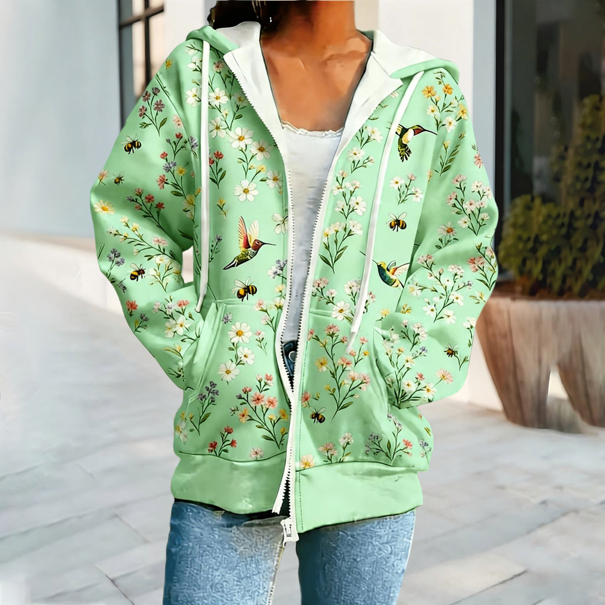 Cross Border European And American Style Women's Hooded Cardigan Casual Sweatshirt With Small Floral Digital Print And Zipper, Foreign Trade Supply For Autumn And Winter