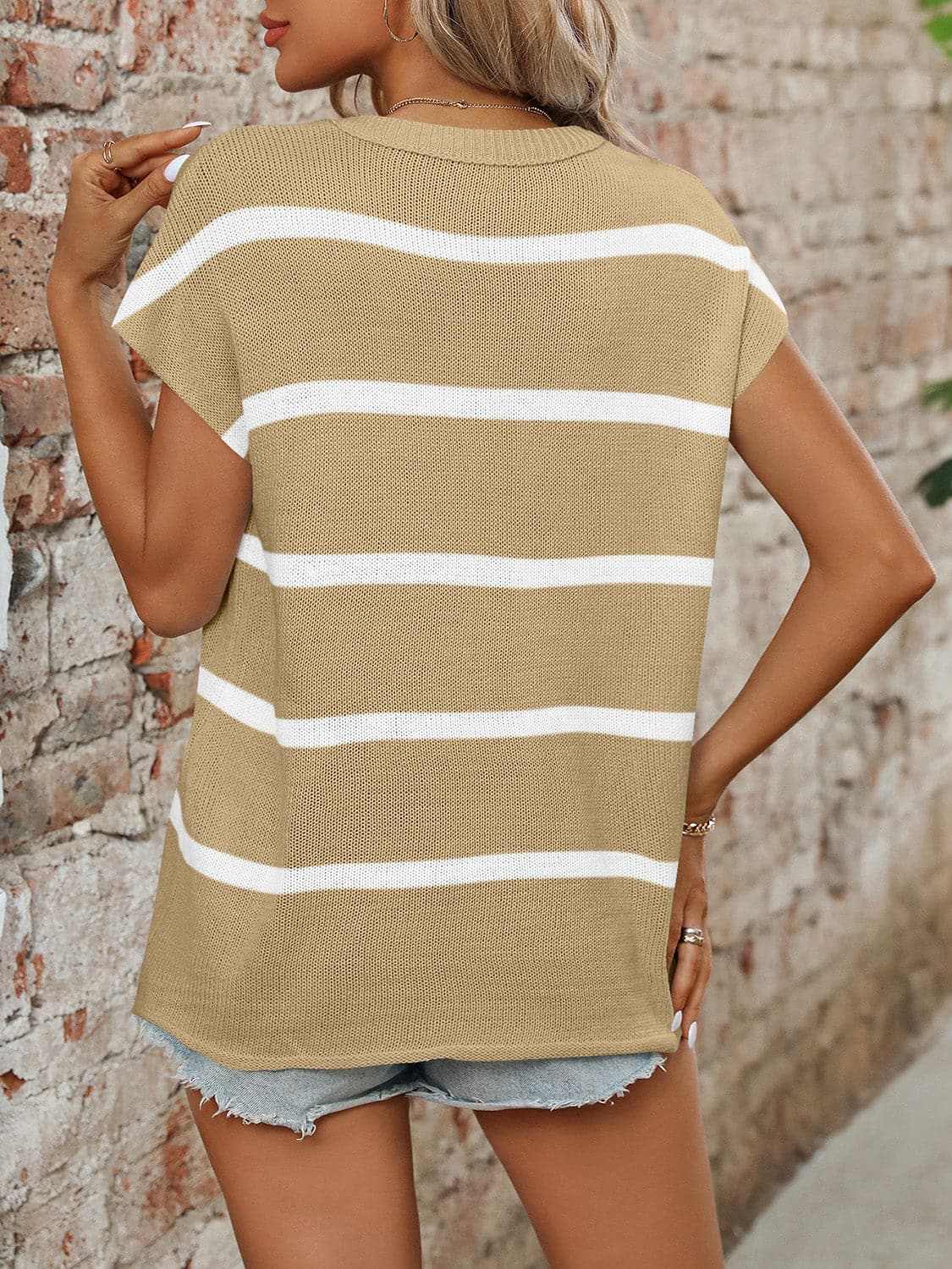 Sweaters Trendsi Chic striped knit top - round neck, short sleeves