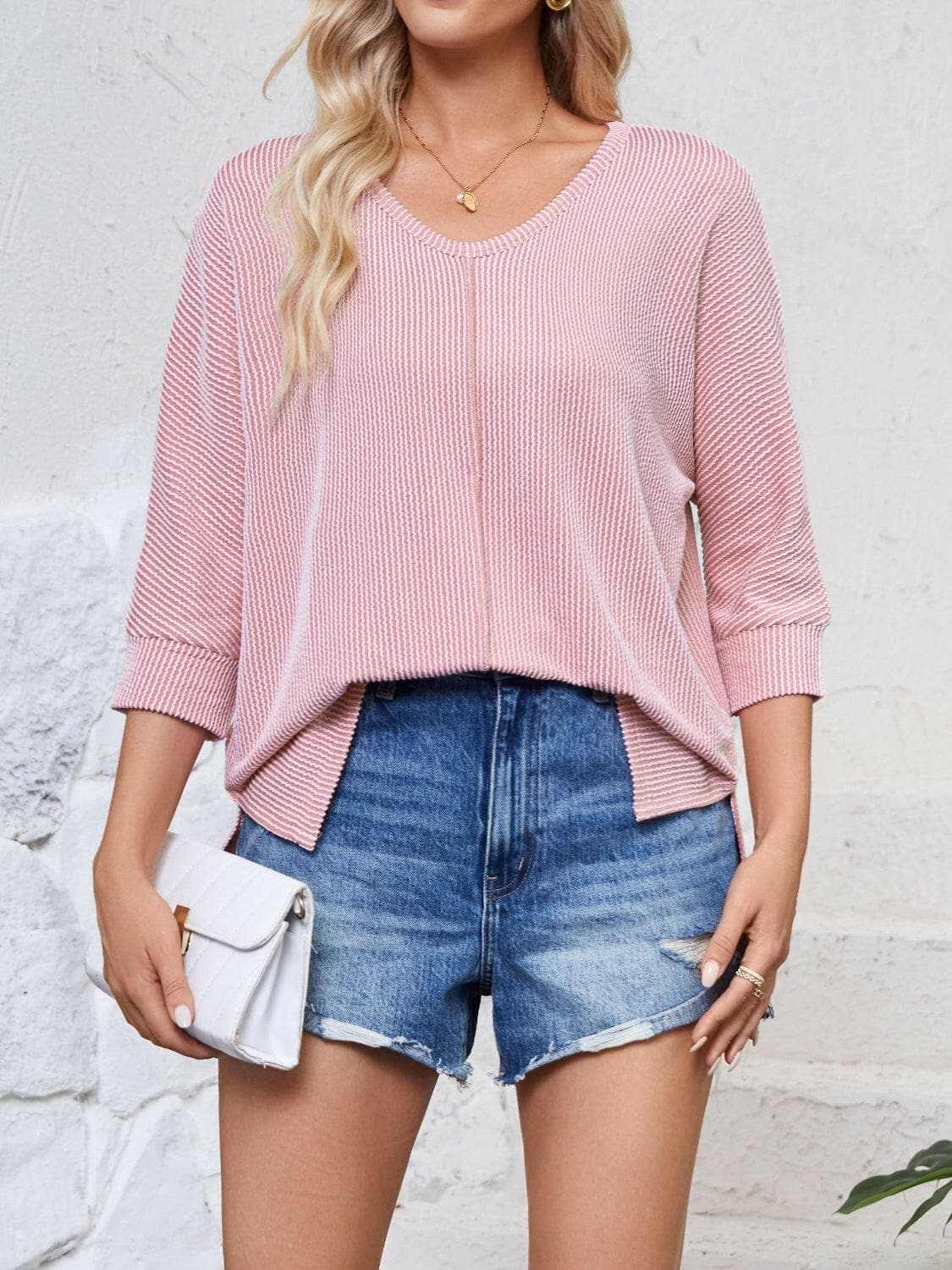 T-Shirts Trendsi just arrived - Textured 3/4 sleeve blouse