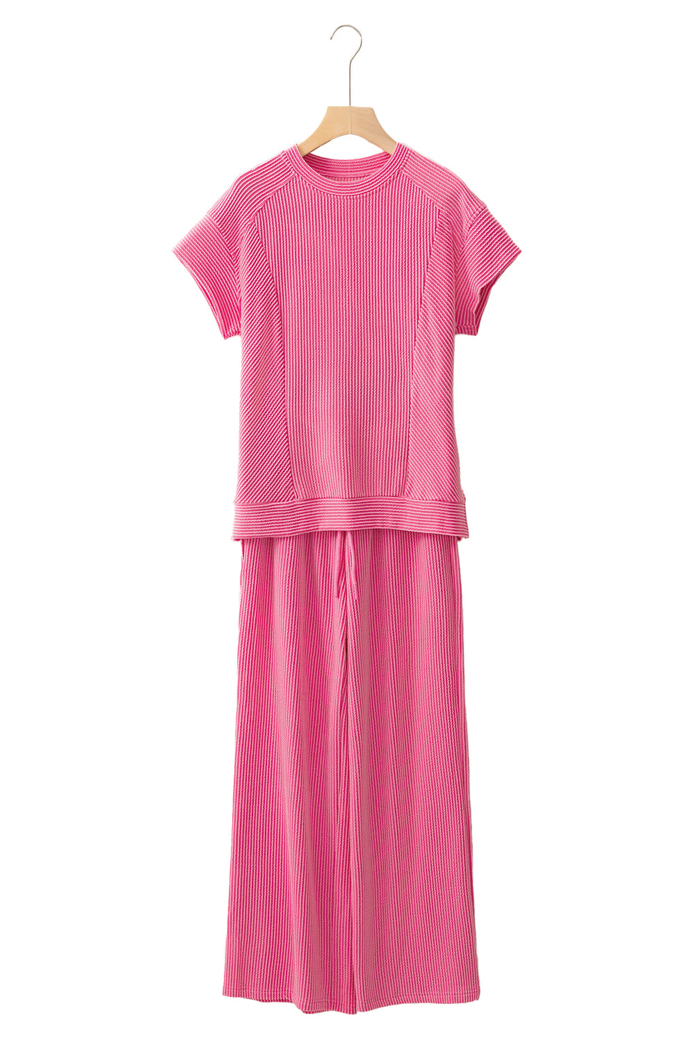 Wild Wind Solid Corded Short Sleeve Shirt and Wide Leg Pants Set