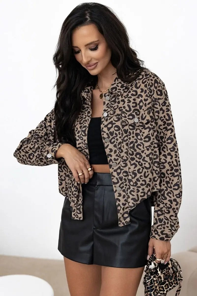Jackets Love Salve Khaki Leopard Corduroy Women's Casual Jacket: Irregular Hem, Buttoned