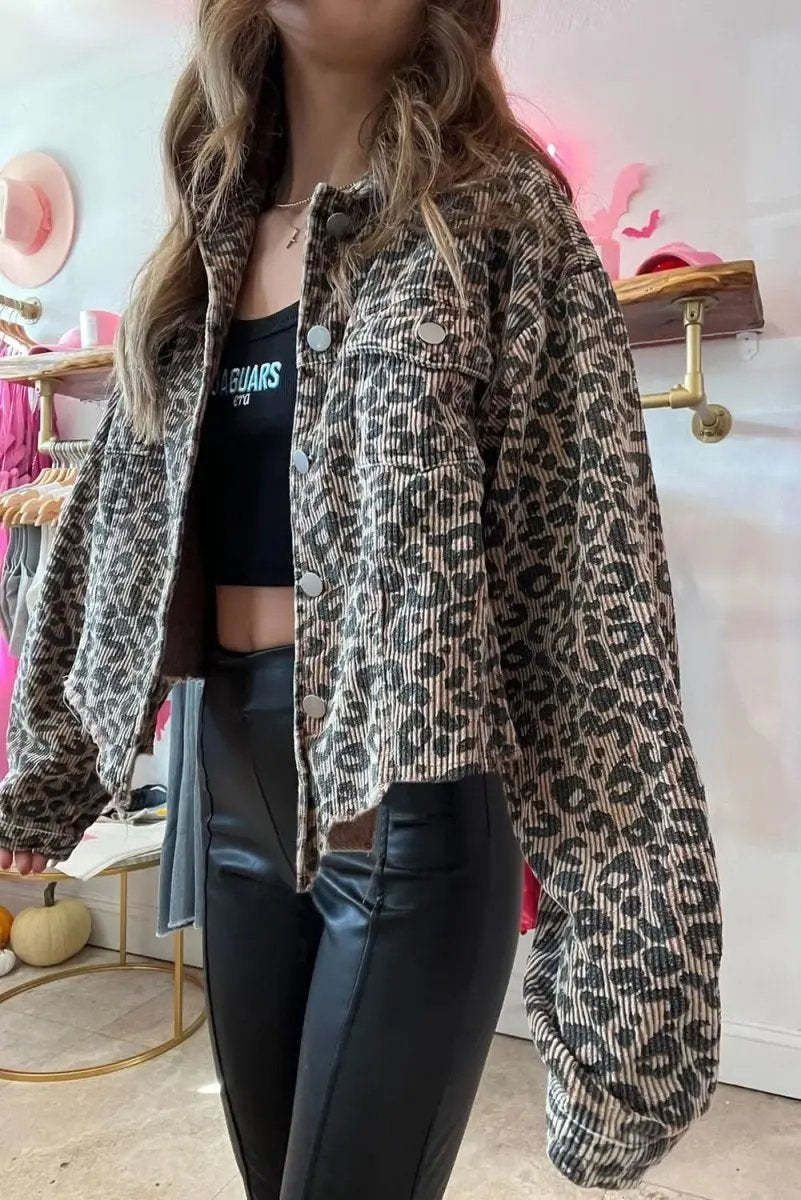 Jackets Love Salve Khaki Leopard Corduroy Women's Casual Jacket: Irregular Hem, Buttoned