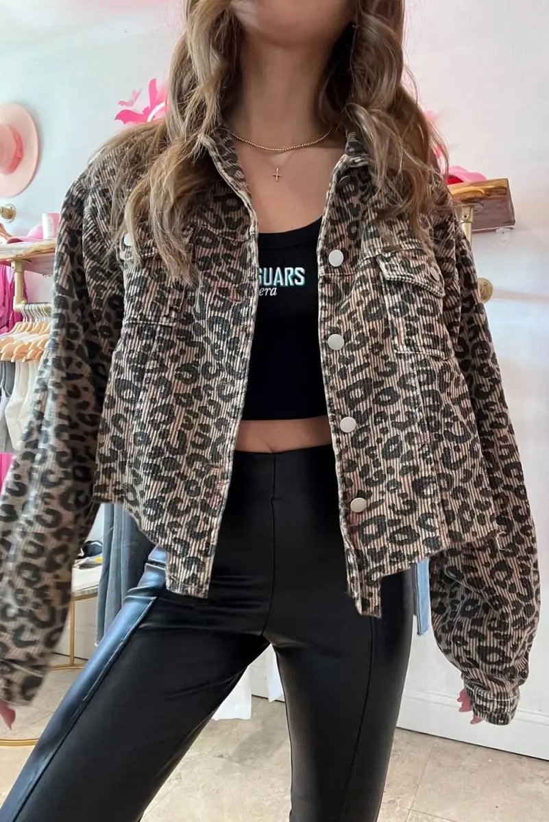 Jackets Love Salve Khaki Leopard Corduroy Women's Casual Jacket: Irregular Hem, Buttoned