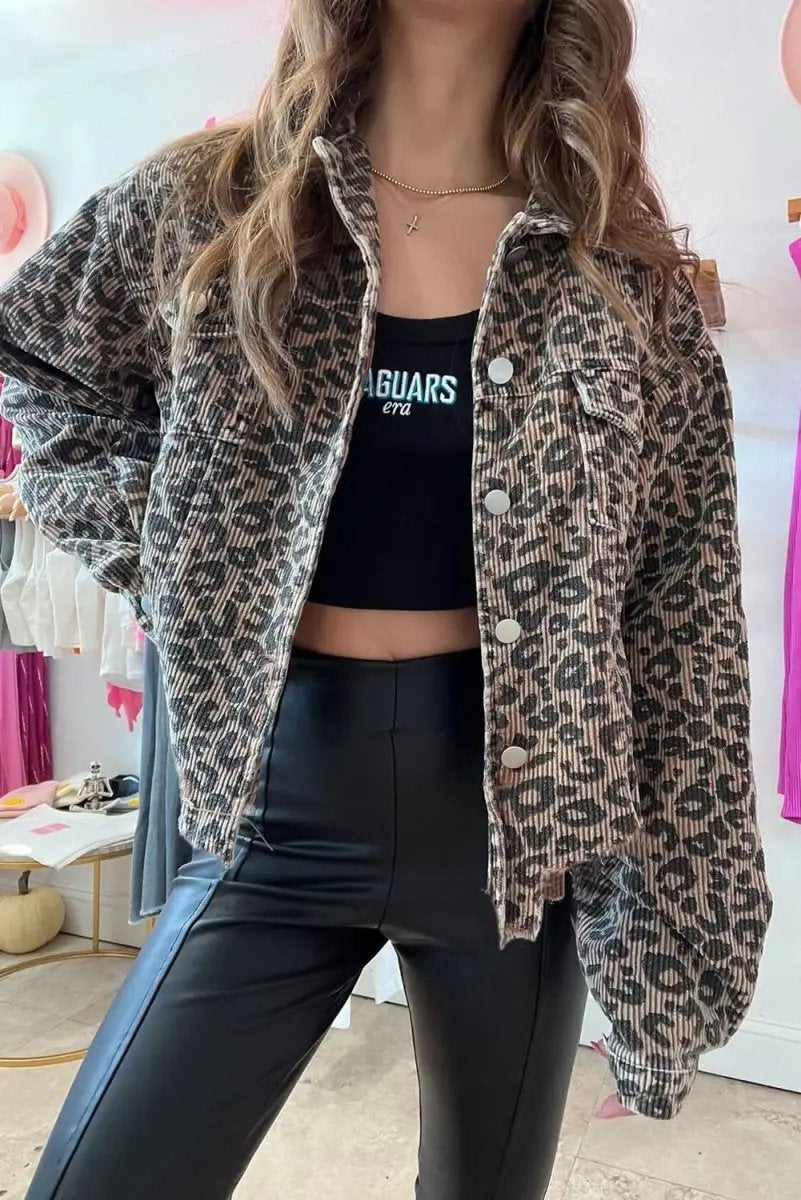 Jackets Love Salve Khaki Leopard Corduroy Women's Casual Jacket: Irregular Hem, Buttoned