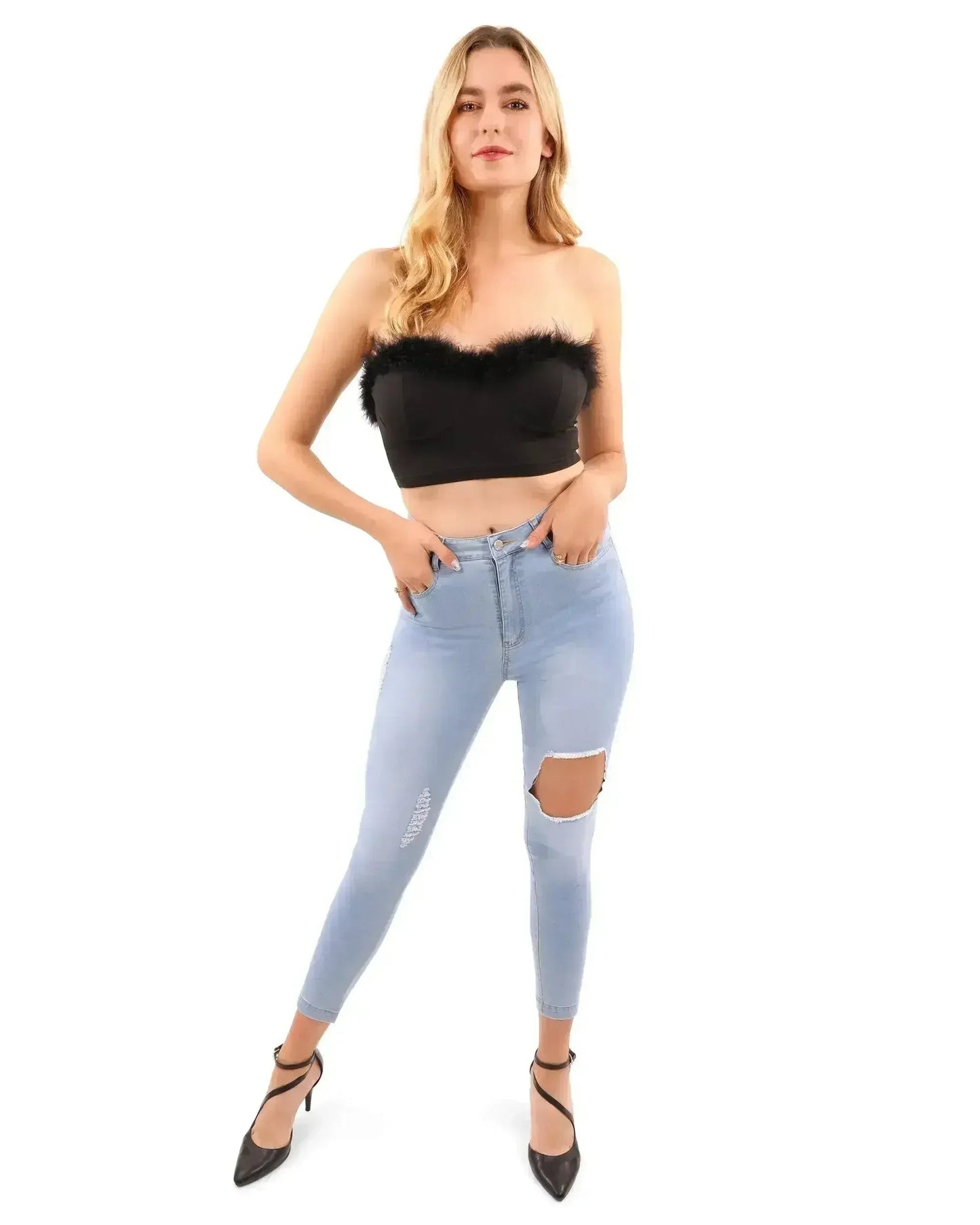 Fur Trim Crop Top | Sexy Black Top | Hook & Eye Back