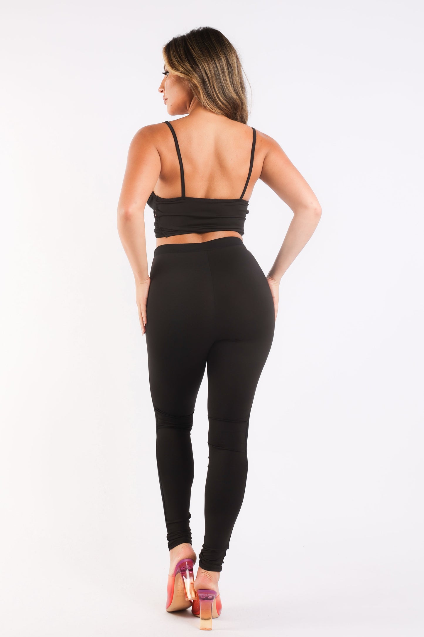 Conjuntos deportivos informales de malla con contraste, top de tirantes y leggings NEGRO