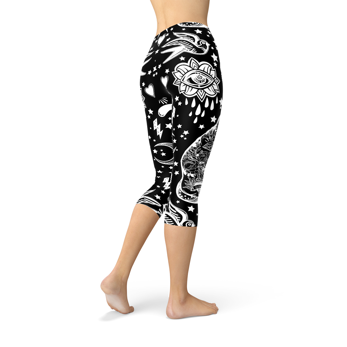 Leggings capri negros con diseño de gato de brujería para mujer