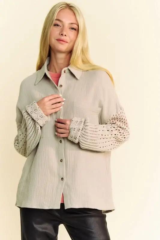 Shirts Trendsi Crochet Sleeve Shirt Women's Casual Top Crinkled Texture Lightweight