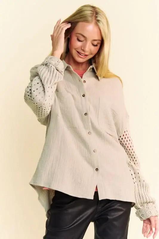 Shirts Trendsi Crochet Sleeve Shirt Women's Casual Top Crinkled Texture Lightweight