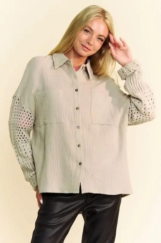Shirts Trendsi Crochet Sleeve Shirt Women's Casual Top Crinkled Texture Lightweight