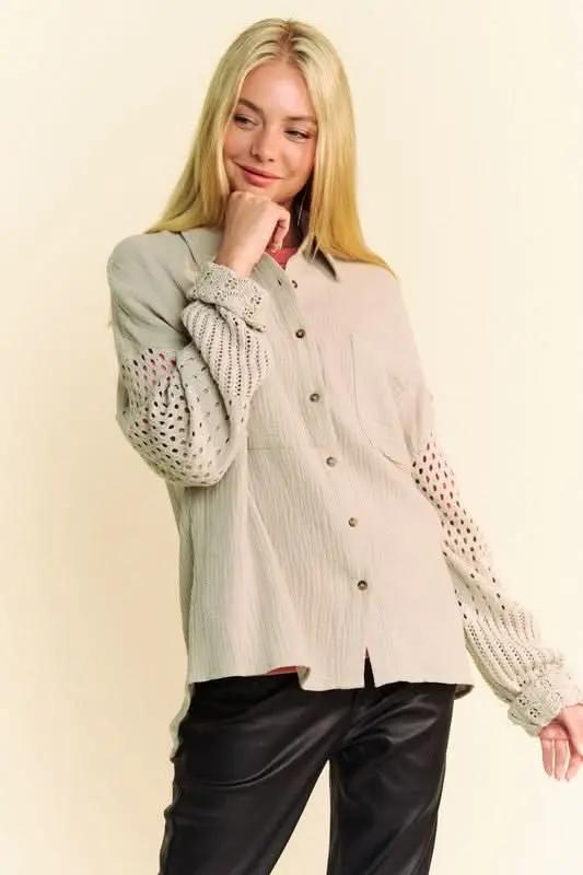 Shirts Trendsi Crochet Sleeve Shirt Women's Casual Top Crinkled Texture Lightweight