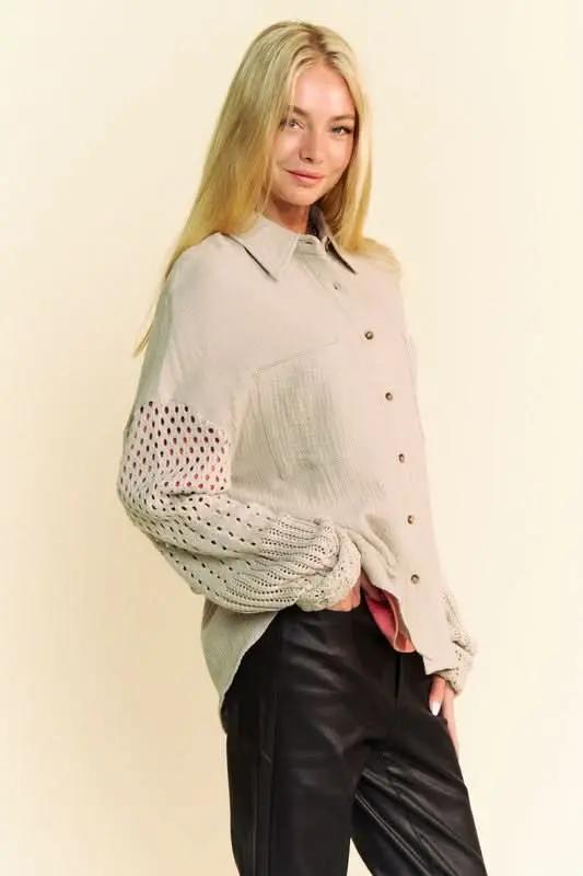 Shirts Trendsi Crochet Sleeve Shirt Women's Casual Top Crinkled Texture Lightweight