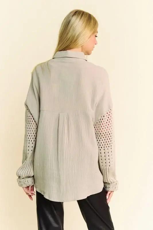 Shirts Trendsi Crochet Sleeve Shirt Women's Casual Top Crinkled Texture Lightweight