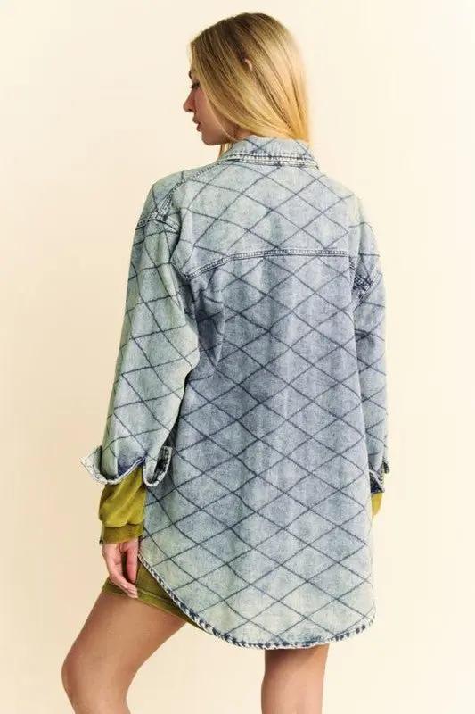Women's Denim Shacket Denim Shacket - Diamond Quilted, Curved Hem - Women's Casual