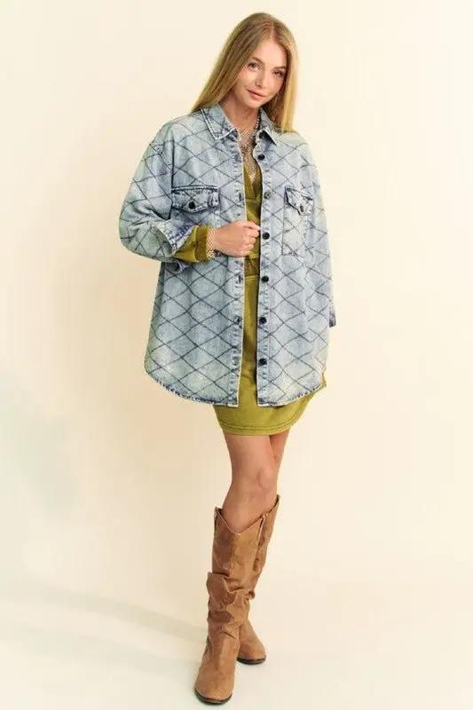 Women's Denim Shacket Denim Shacket - Diamond Quilted, Curved Hem - Women's Casual