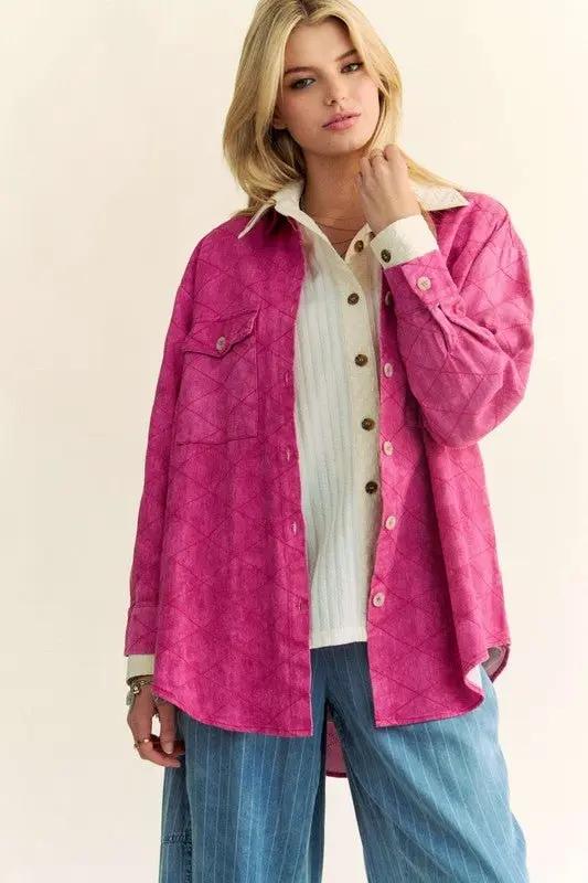 Shirts Trendsi Denim Shacket Women's Casual Diamond Quilted Button Up Top - Curved Hem, USA Ship