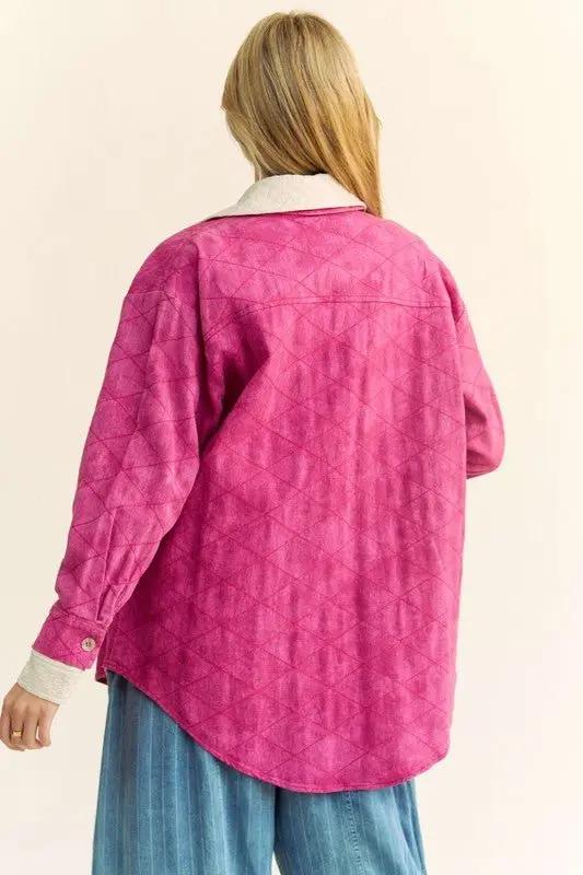 Shirts Trendsi Denim Shacket Women's Casual Diamond Quilted Button Up Top - Curved Hem, USA Ship