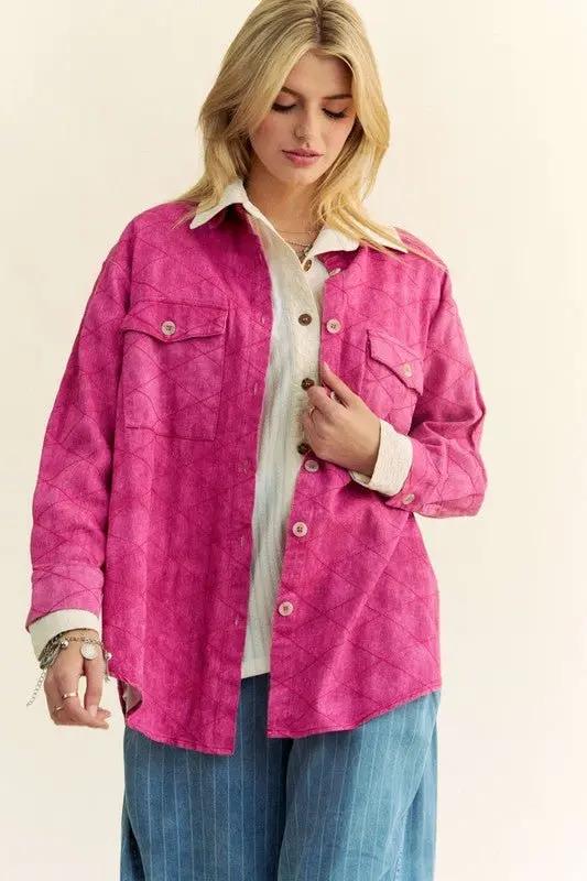 Shirts Trendsi Denim Shacket Women's Casual Diamond Quilted Button Up Top - Curved Hem, USA Ship