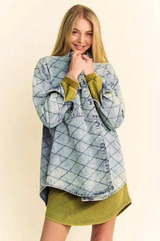 Women's Denim Shacket Denim Shacket - Diamond Quilted, Curved Hem - Women's Casual