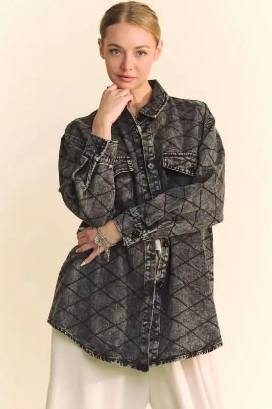 Shirts Trendsi Denim Shacket Women's Everyday Diamond Quilted Button Up Jacket