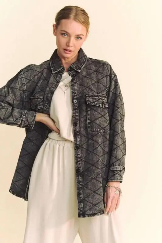 Shirts Trendsi Denim Shacket Women's Everyday Diamond Quilted Button Up Jacket