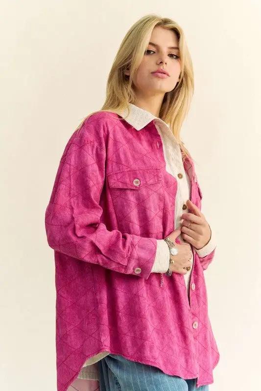 Shirts Trendsi Denim Shacket Women's Casual Diamond Quilted Button Up Top - Curved Hem, USA Ship
