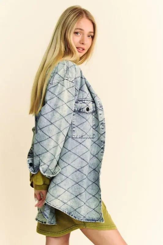Women's Denim Shacket Denim Shacket - Diamond Quilted, Curved Hem - Women's Casual