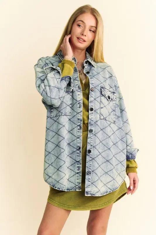 Women's Denim Shacket Denim Shacket - Diamond Quilted, Curved Hem - Women's Casual