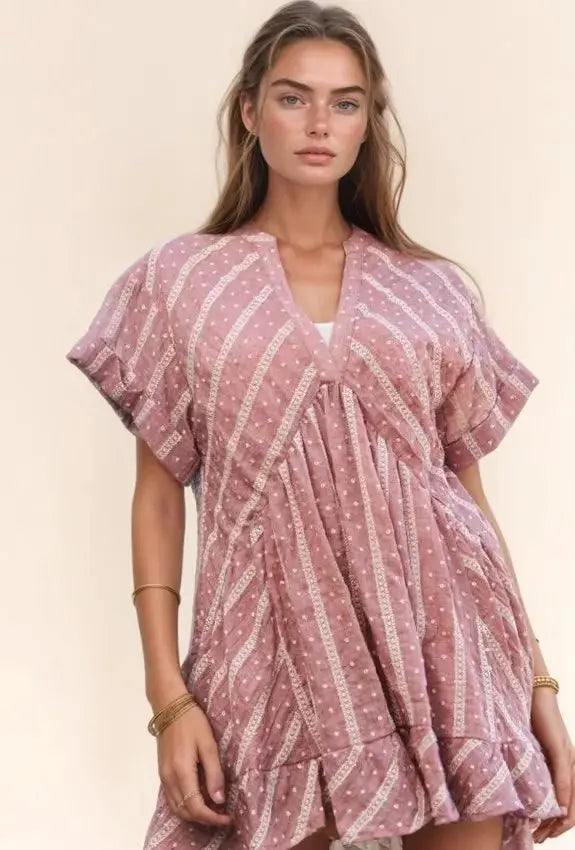 Dresses Trendsi V-Neck Mini Dress Women's Casual Ruffled Embroidery Summer Dress