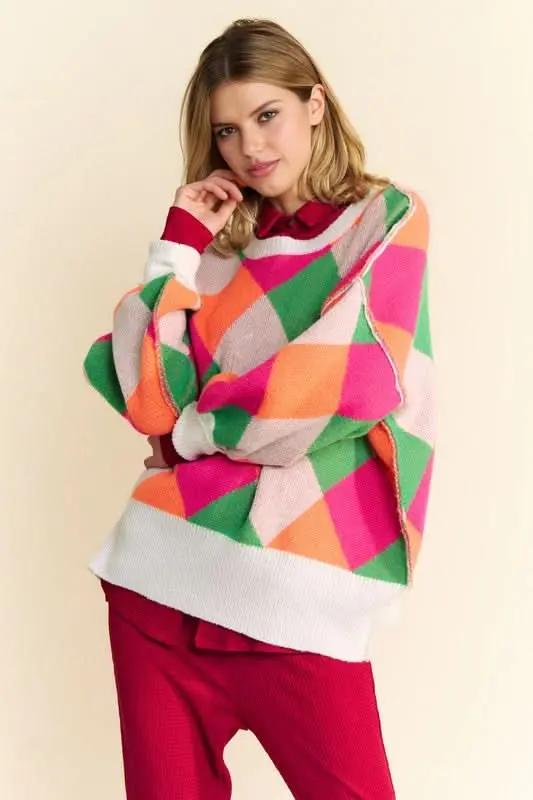 Sweaters Trendsi Color Block Sweater Women's Casual Knit Top Exposed Seam, Dropped Shoulder