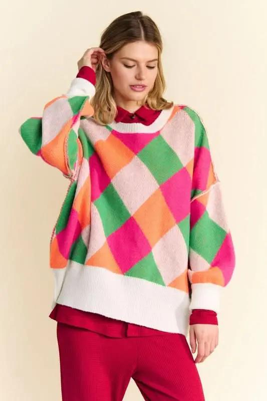 Sweaters Trendsi Color Block Sweater Women's Casual Knit Top Exposed Seam, Dropped Shoulder