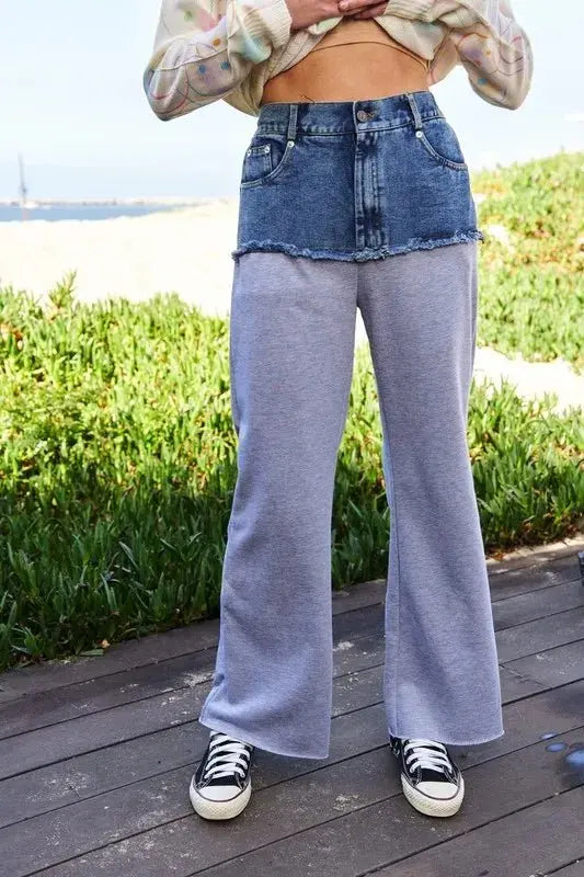 Trendsi Davi & Dani Denim Patchwork Wide Leg Women's Casual Pants: Raw Hem