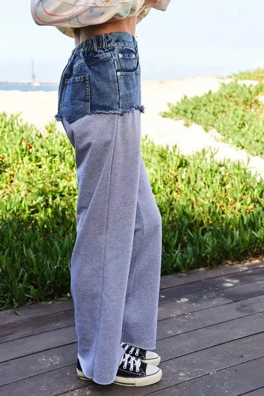 Trendsi Davi & Dani Denim Patchwork Wide Leg Women's Casual Pants: Raw Hem