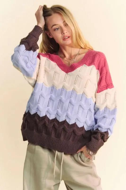 Suéteres Tendencias Suéter Color Block Davi & Dani para Mujer con Cuello V Casual Tejido - Suave y Elegante