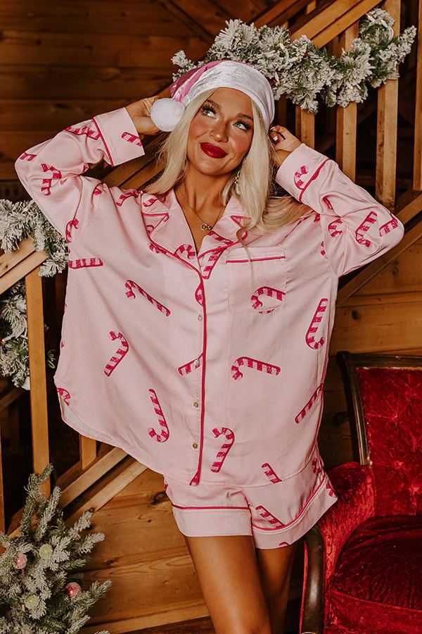 Conjunto de pijama de raso de Papá Noel para mujer | Ropa de casa de dos piezas con estampado navideño