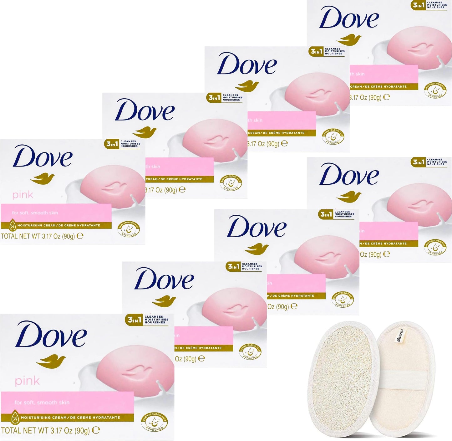 BASICOS Dove Beauty Bar Soap for Washing Hands and Body Mild for Skin Bulk Pack of 8 Bars- 3.15 Ouce Each. Plus 1 Loofah Sponge Pad (Pink)