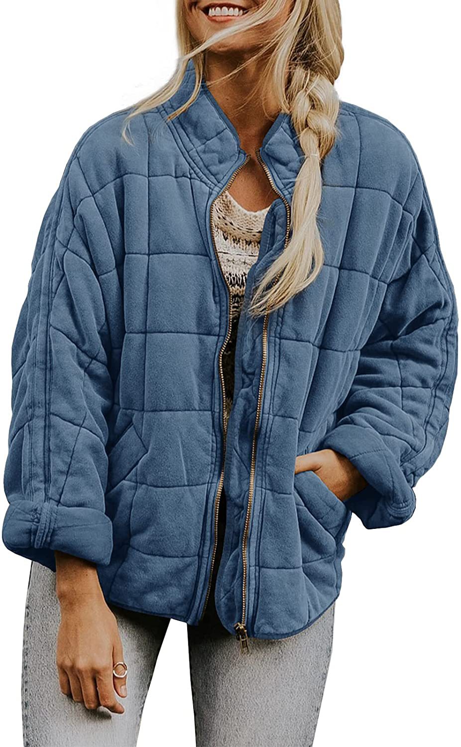 Winter Zip-up Stand Collar Coat With Pockets Fashion Solid Color Plaid Long Sleeved Jacket Women's Clothing