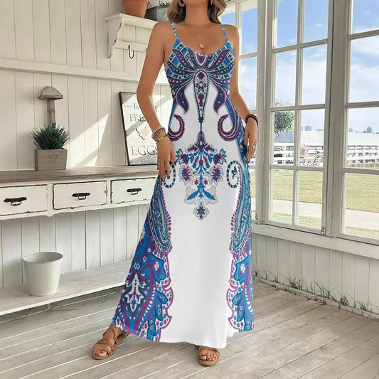 White Handkerchief Design V-neck Sleeveless Print Maxi Dress