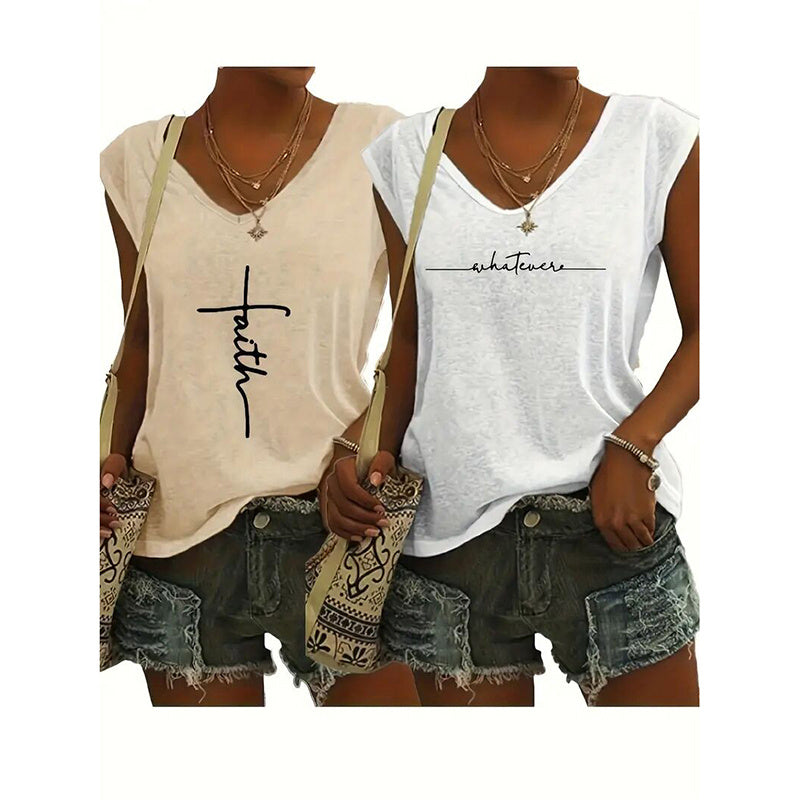 Paquete de 2 camisetas sin mangas con cuello en V para mujer – Camisetas de verano informales de ajuste holgado para la playa