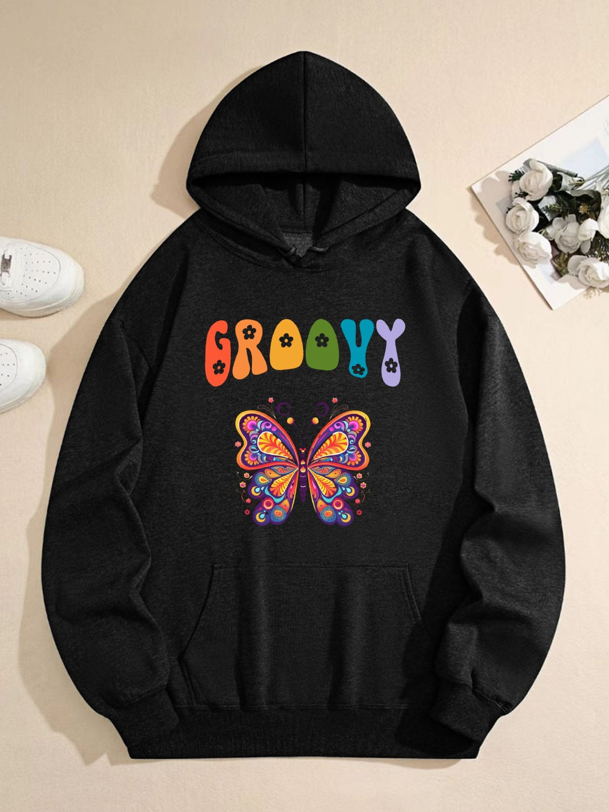 Groovy Butterfly Hooded Sweatshirt with Drawstring (Front Print)