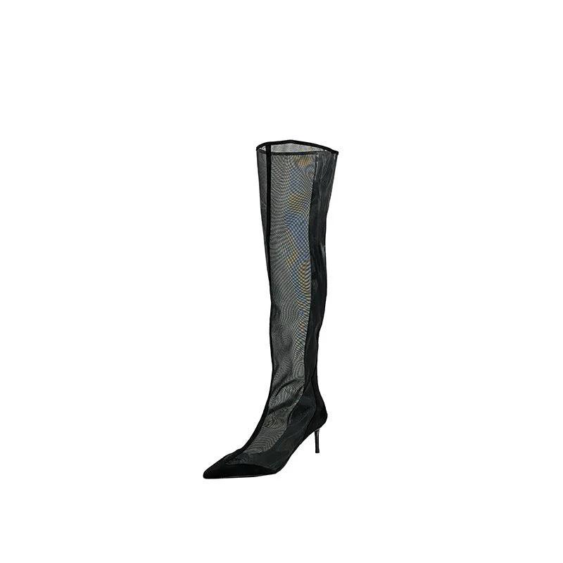 Fashion Pointed Transparent Mesh High Leg Boot Back Zipper Breathable Stiletto Heel Sandal Boots