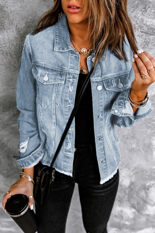 Chaqueta Vaquera Azul Claro Desgastada Rota con Bajo Sin Rematar y Botones