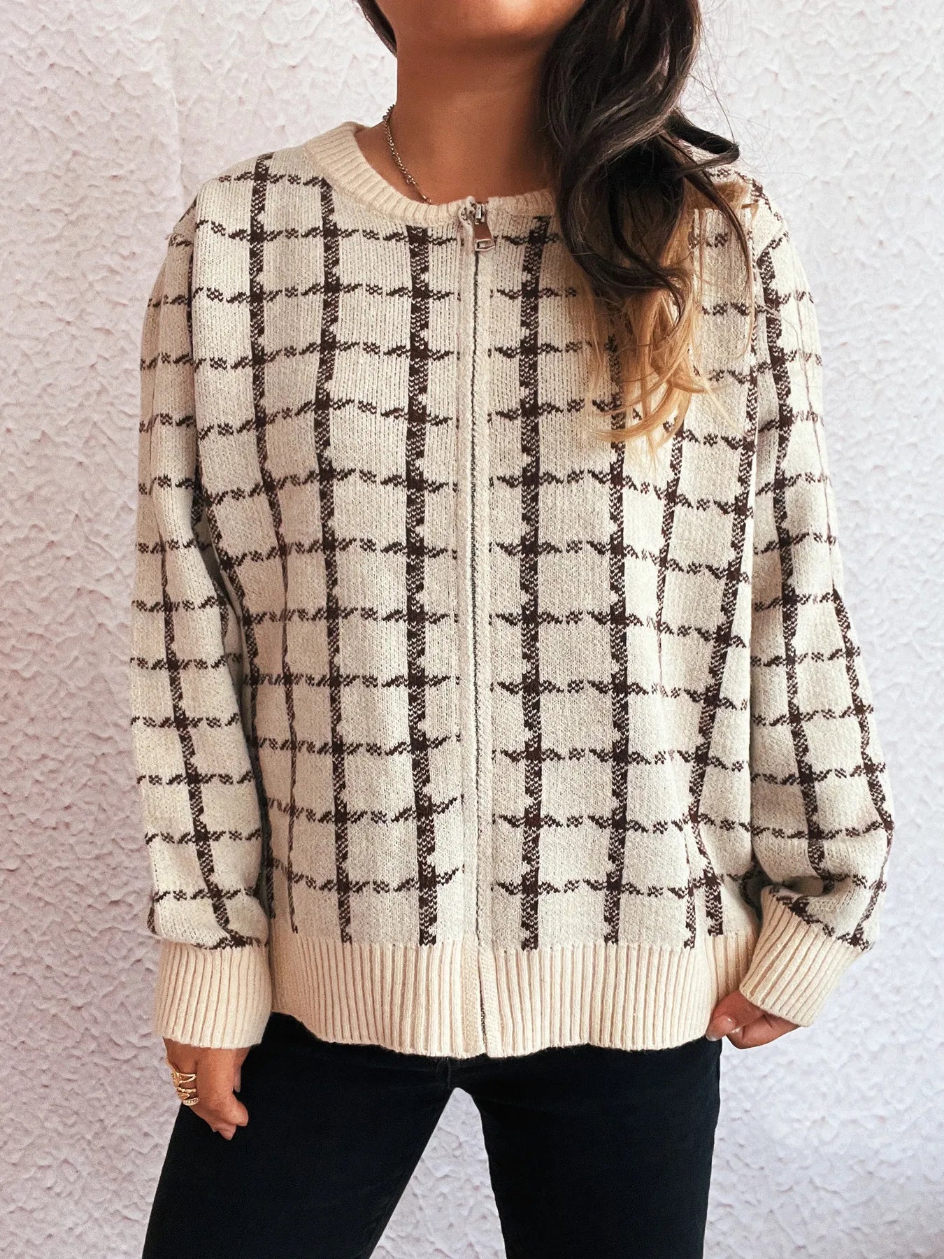 Plaid Pattern Zip Up Cardigan