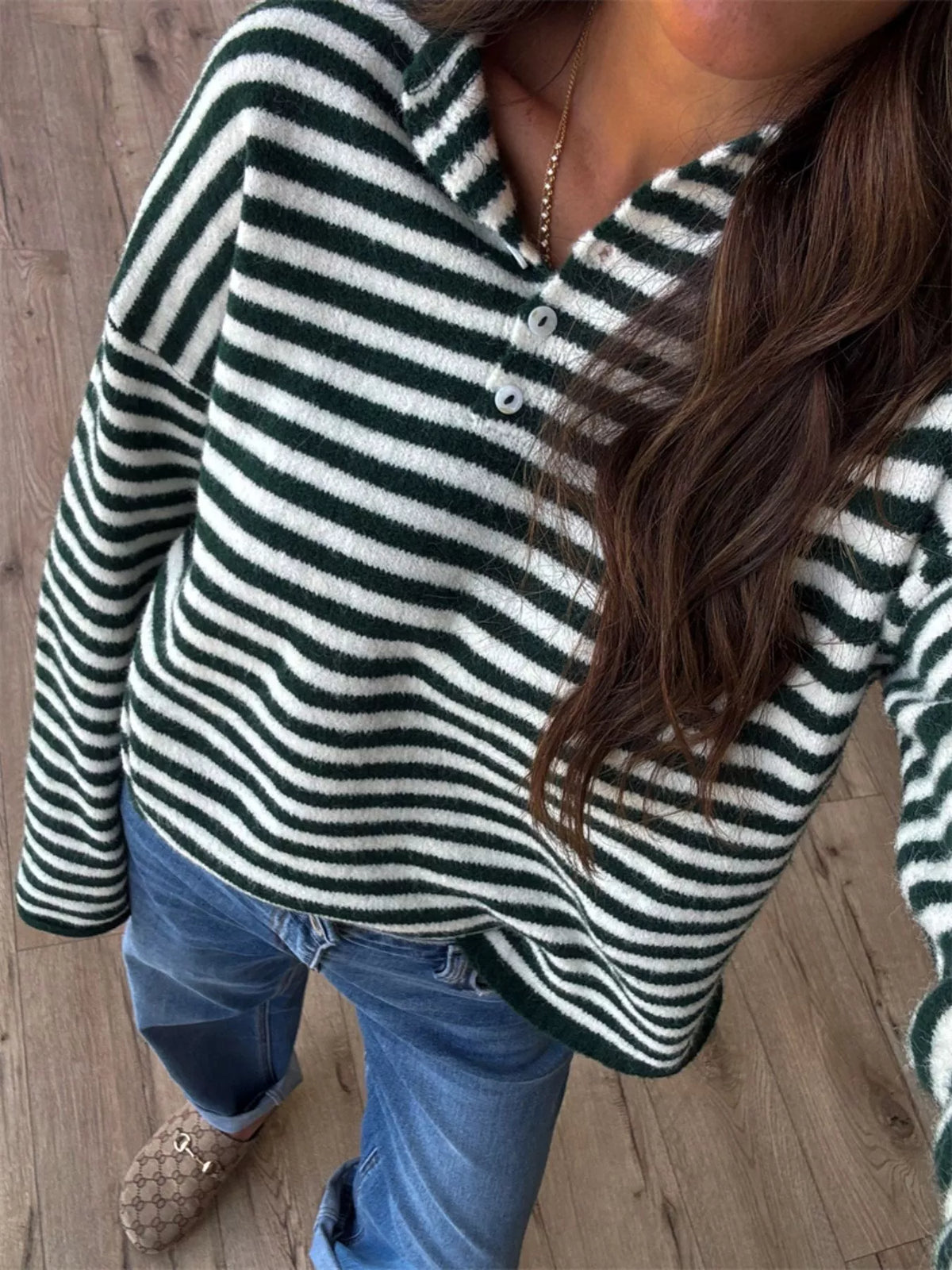 Button Detail Dropped Shoulder Striped Sweater