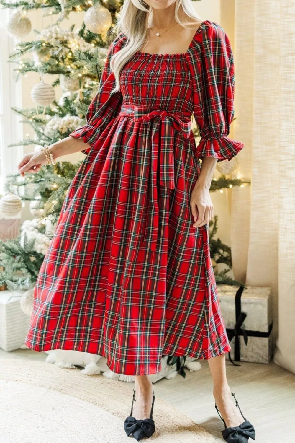 Plaid Smocked Flounce Sleeve Midi Dress