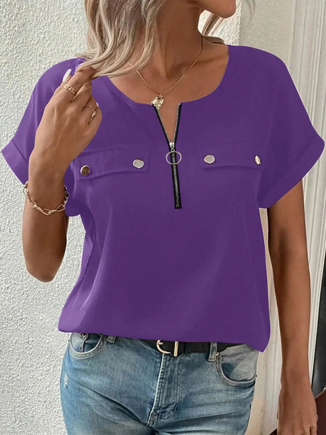 Casual Zipper Front Short Sleeve Blouse